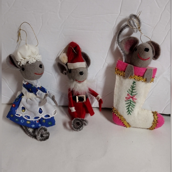 Vintage Mice Felt Cloth Christmas Ornaments Handmade Set Of 3 - 5" - Picture 1 of 5